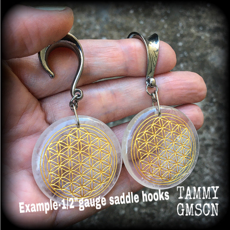 Clear quartz gemstone flower of life gauged earrings