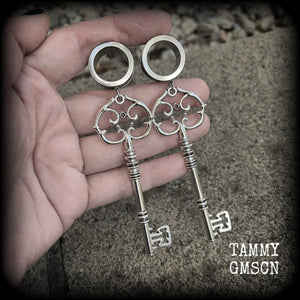 Antique silver key tunnel earrings