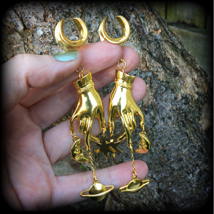 Chiromancy earrings Palmistry ear hangers Cradle ear weights Stars ear gauges Planets earrings Celestial jewelry Gauged earrings Stretched ears Stretched lobes Gauged ears Gauged lobes Body jewelry 6g 2g 0g 00g 1/2" 9/16" 5/8" 3/4" 7/8" 1" 1.10" 1.18