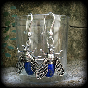 Lapis Lazuli insect earrings-Gemstone ear hangers