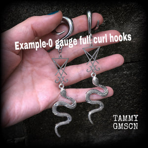 These gorgeous 'Snake and Sigil' gauged earrings feature an antique silver snake (Lilith) hanging from a stainless steel Sigil of Lucifer charm.
These are nice and dangly at 12cms from tip to tip and weigh approx 20 grams each, not too heavy.
This pair have been made on 0 gauge (8mm) surgical steel full curl hooks, suitable for stretched lobes.