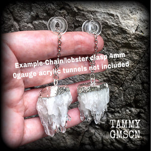 Clear raw quartz ear hangers-Gauged earrings