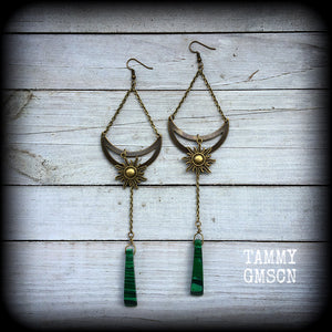 Temple of Dagon HP Lovecraft jewelry Esoteric jewelry Gemstone earrings Malachite earrings Sun and moon earrings Shoulder dusters Pierced ears Stretched lobes Ancient Ones
