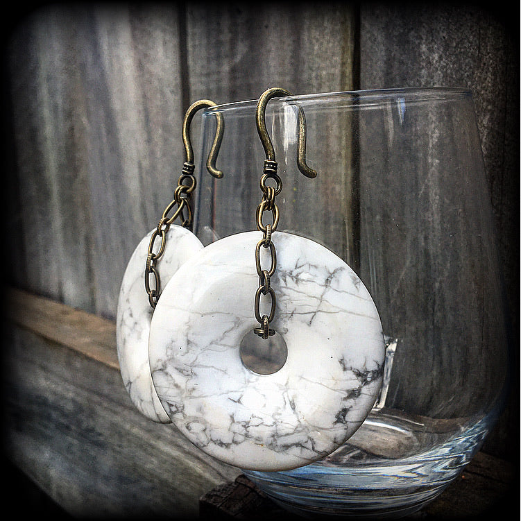 White stone and antique bronze gauged earrings-Ear weights