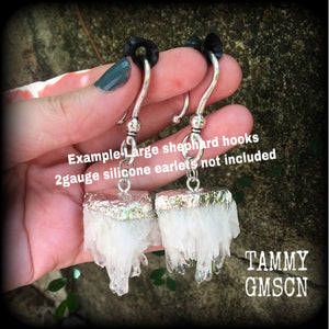 Clear raw quartz ear hangers-Gauged earrings