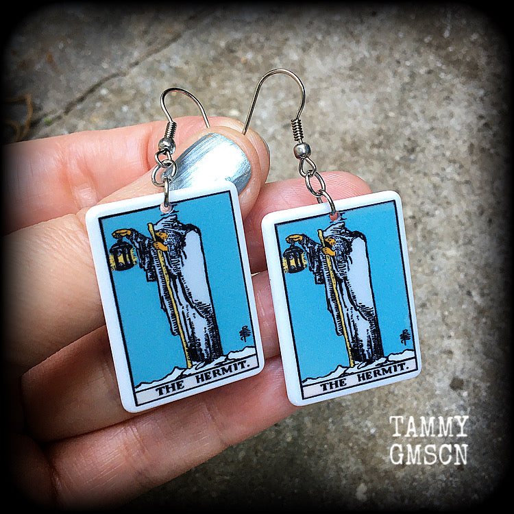 The Hermit Tarot card earrings Tarot cards Chiromancy Palmistry Tarot jewellery Occult jewellery Esoteric jewelry Pierced ears Stretched lobes

