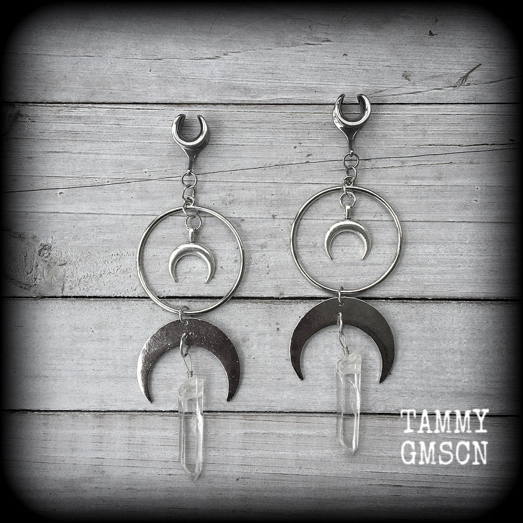 Crescent moon and faux crystal gauged earrings