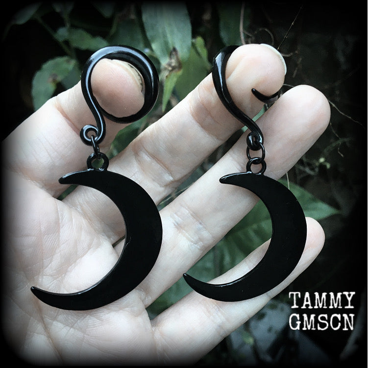 Crescent moon earrings-Black moon gauged earrings