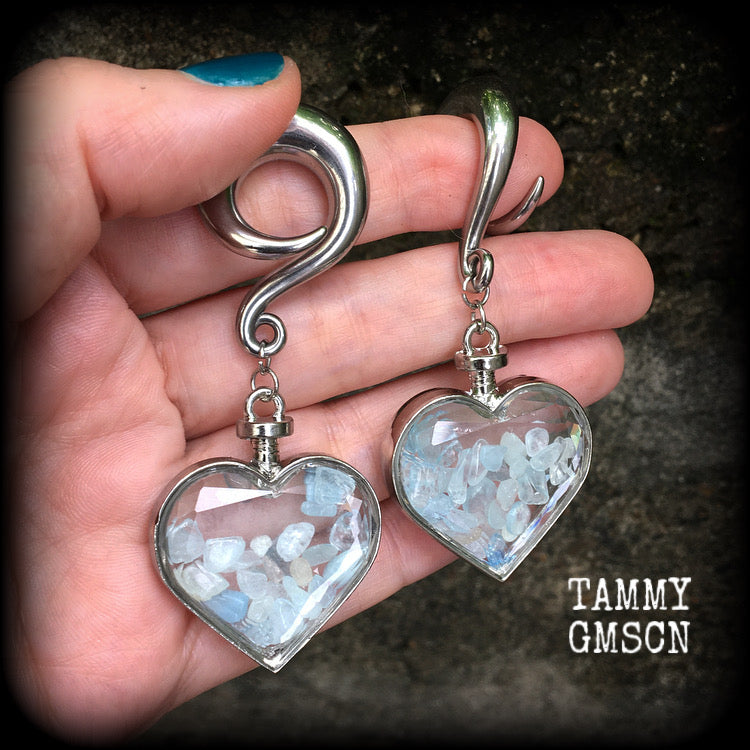 Aquamarine heart gauged earrings