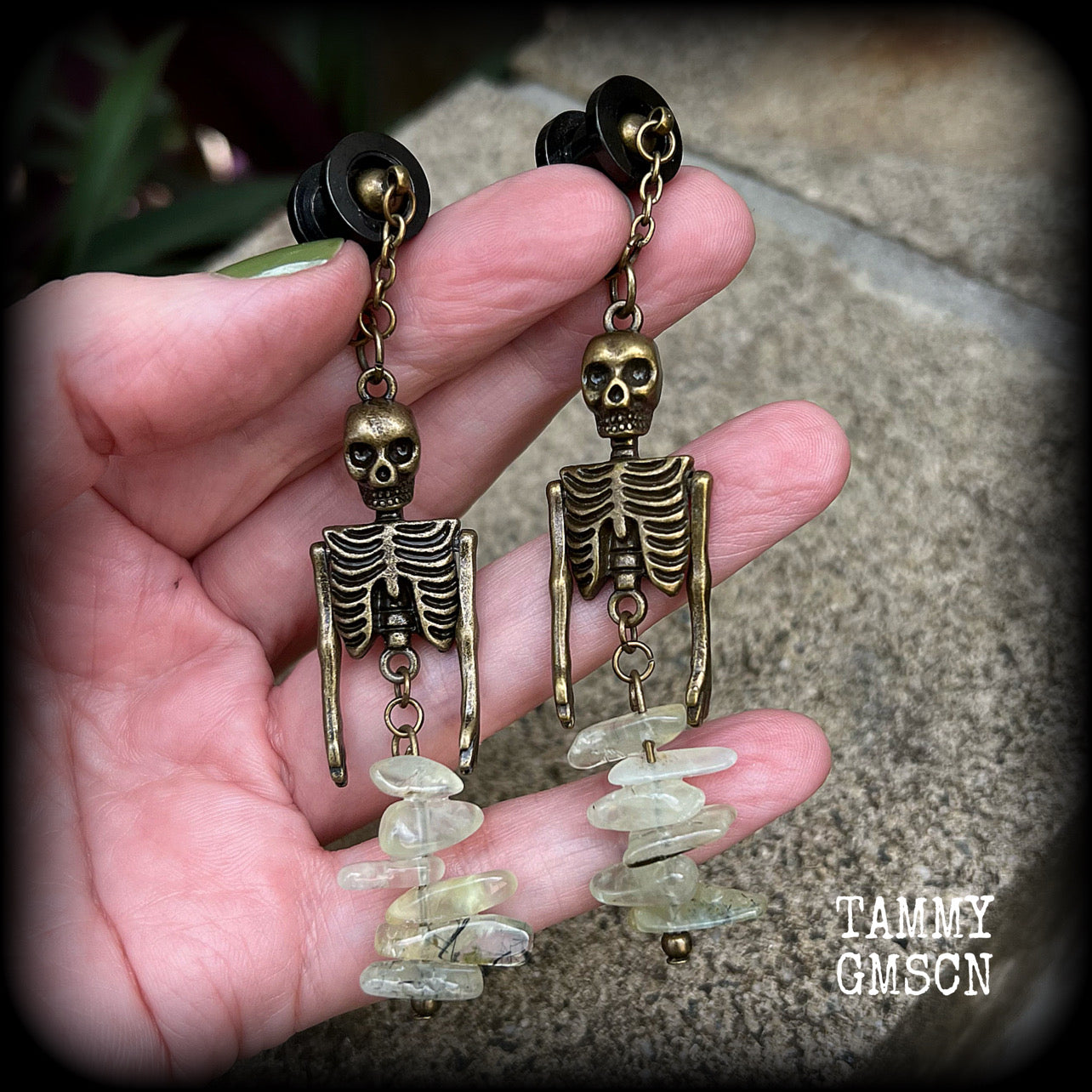 Bronze and Serpentine mermaid skeleton earrings