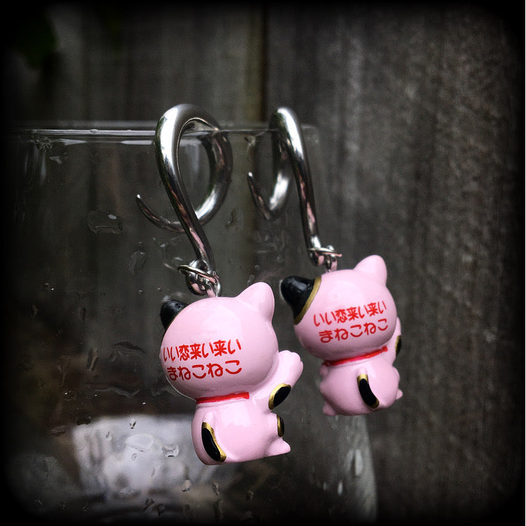 Pink Maneki Neko gauged earrings