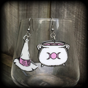 Witches hat and cauldron earrings-Pastel goth earrings