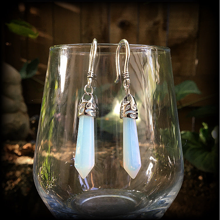 Opalite earrings 8 gauge ear weights Gemstone earrings Opalite ear hangers Pierced ears Tunnel dangles Tunnel earrings Body jewelry Ear jewelry Ear gauges Witchy jewelry Gemstone jewelry Gypsy boho chic