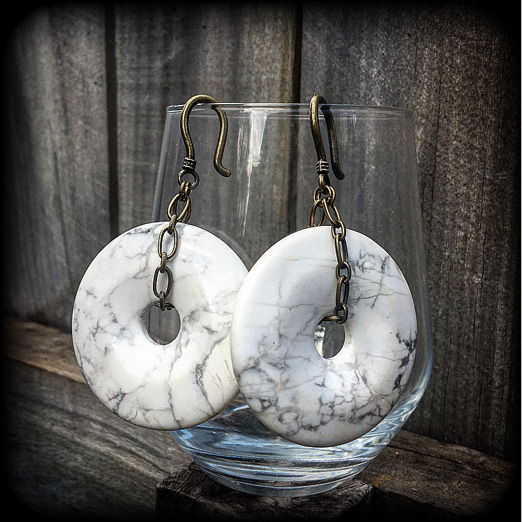 White stone and antique bronze gauged earrings-Ear weights