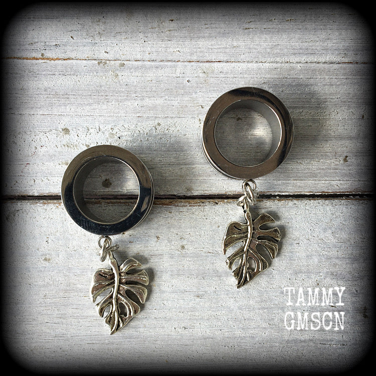 Monstera leaf tunnel earrings-Leafy tunnel dangles