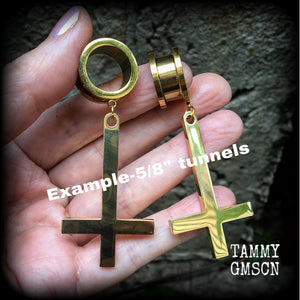 Inverted cross gauged earrings-Satanic jewelry