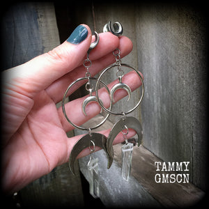 Crescent moon and faux crystal gauged earrings
