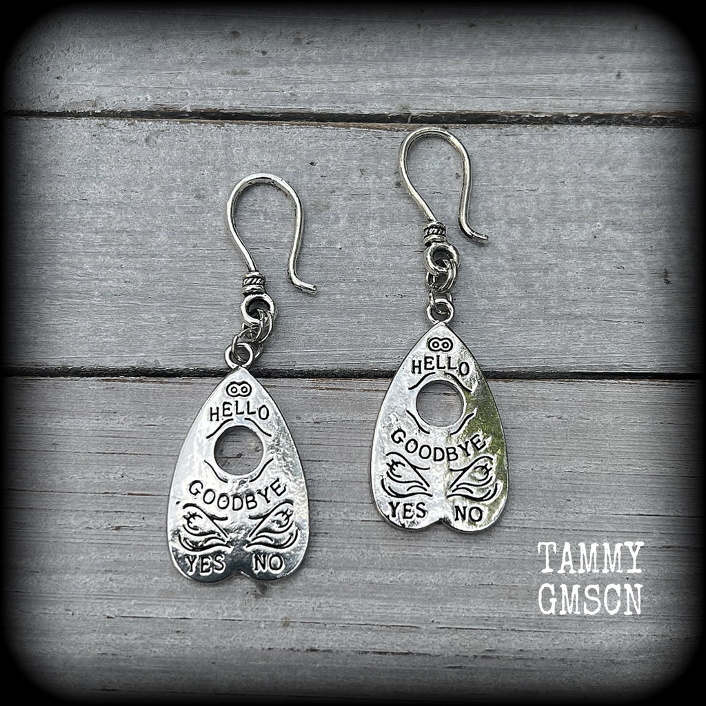 Ouija boards Ouija board Ouija board jewelry Ouija board planchette Planchette earrings Planchette ear hangers Stretched ears Pierced ears Ear gauges Ear hangers Witchy jewelry Coven jewelry 