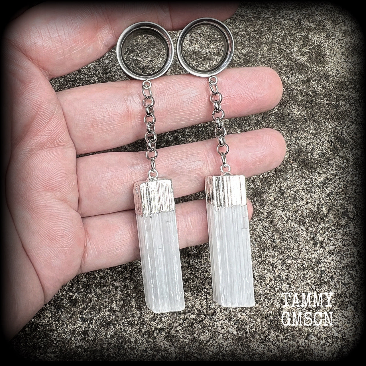 Selenite tunnel earrings-Gemstone tunnels