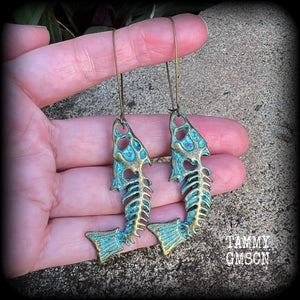 Patina fish skeleton earrings