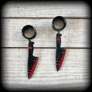 Bloodied knife tunnel earrings-Horror punk earrings