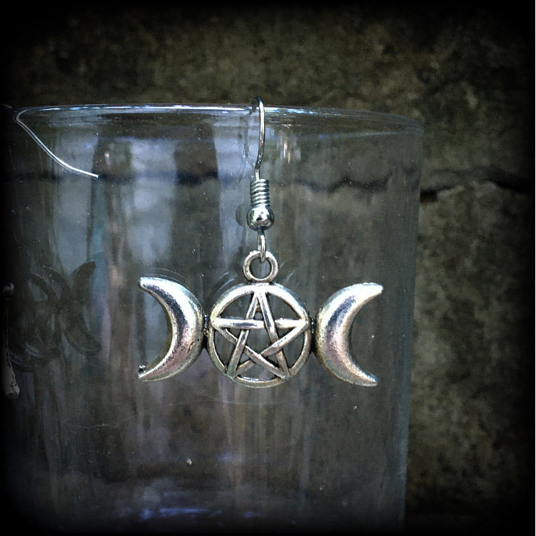 Triple moon earrings-Pentagram earrings
