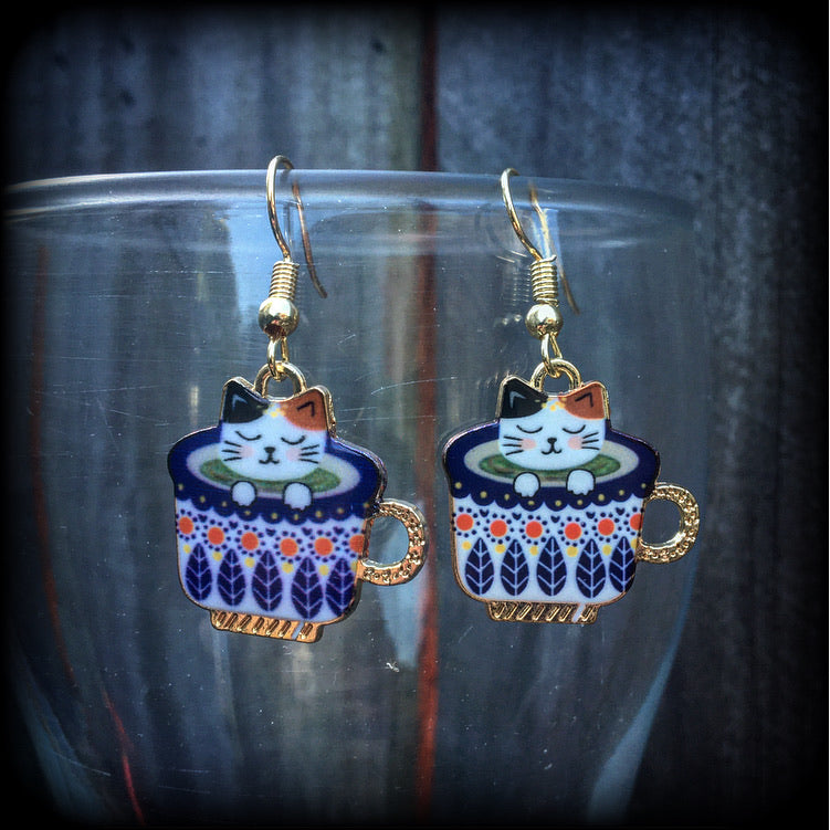 Cat earrings-Folk art teapot earrings