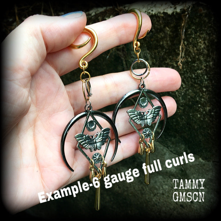 Moth and crescent moon gauged earrings