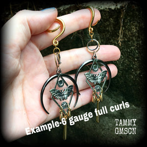 Moth and crescent moon gauged earrings