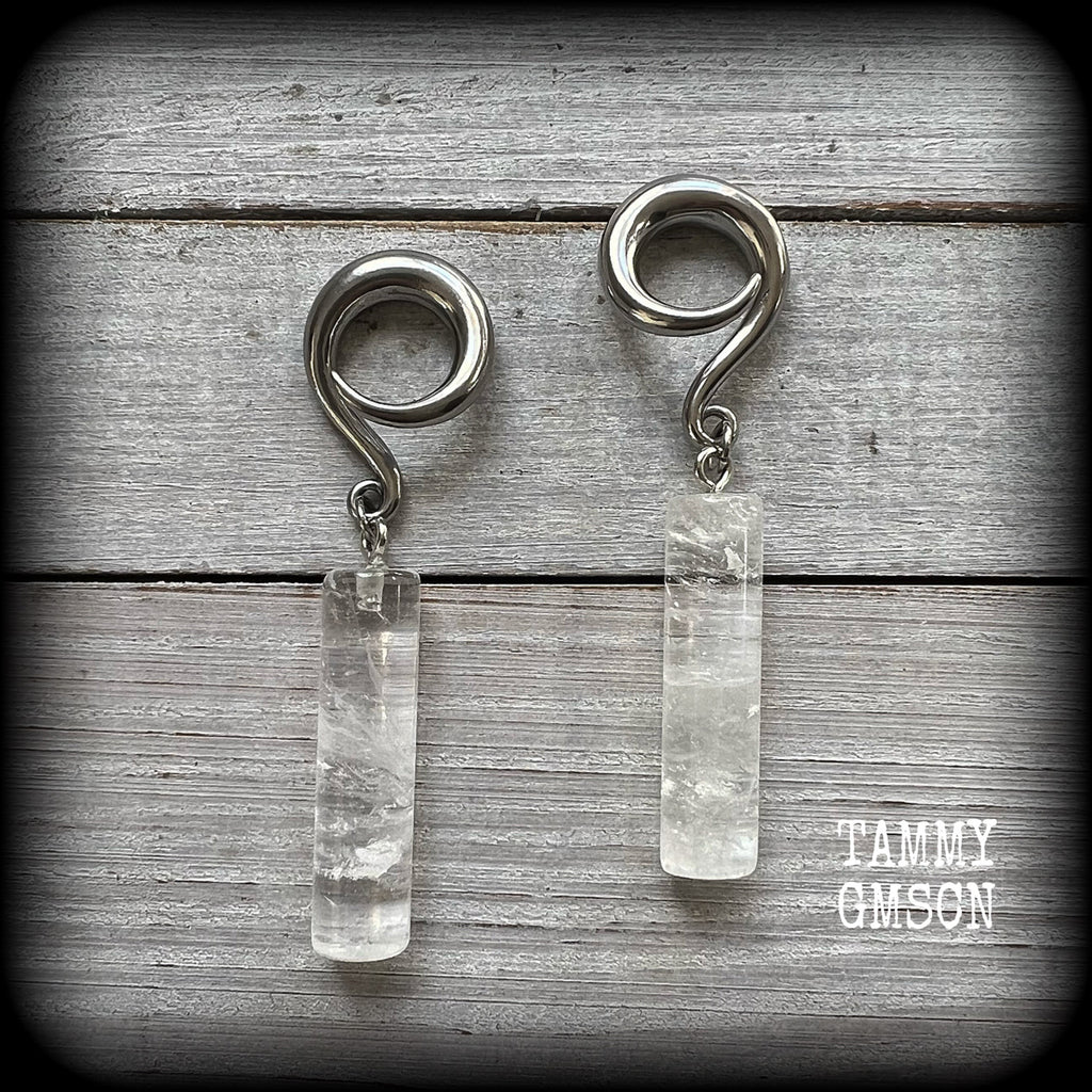 Clear quartz gauged earrings-Gemstone ear weights