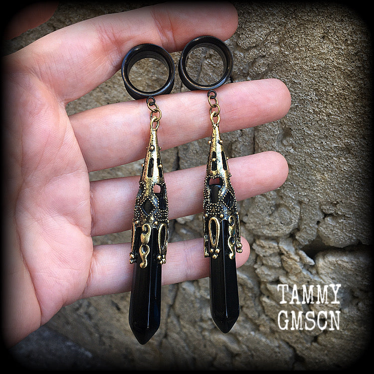 Black obsidian tunnel dangles-Gemstone ear gauges