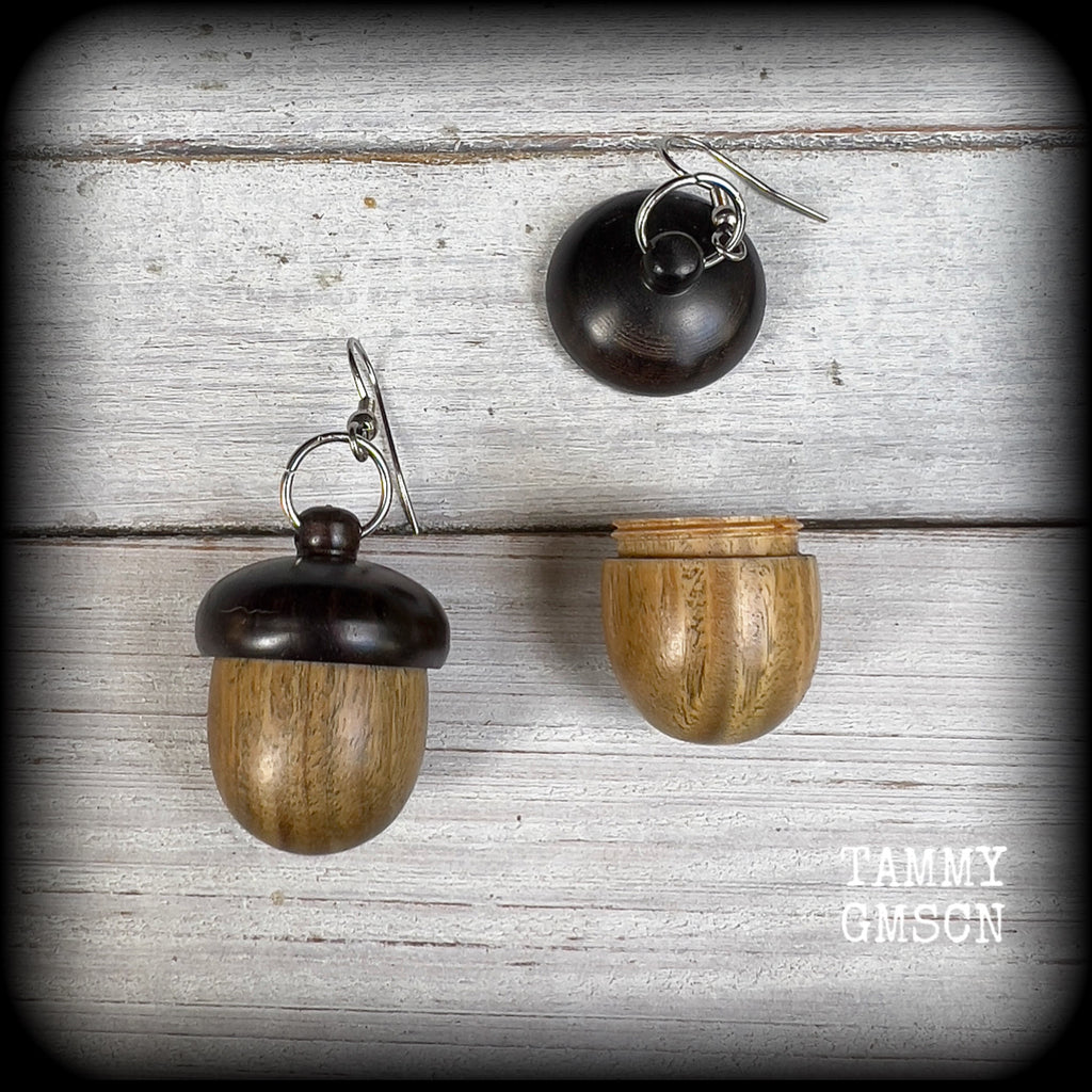 Sandalwood acorn stash pot earrings