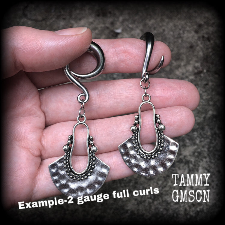 Tribal ear weights Artemis 2 gauge ear weights Antique silver half disc ear hangers Mandala Body jewelry 6g 2g 0g 00g 1/2” 9/16” 5/8” 1” 1.10" 1.18" Body jewelry Boho earrings Gypsy earrings Moss goth Gauged earings Stretched ears Stretched lobes