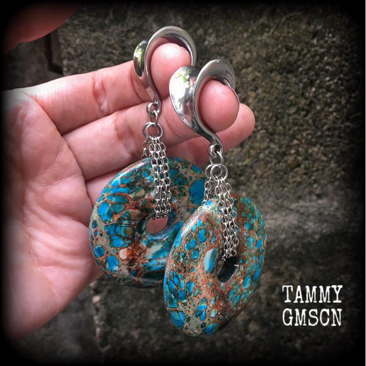 Turquoise ocean jasper ear weights-Gauged earrings