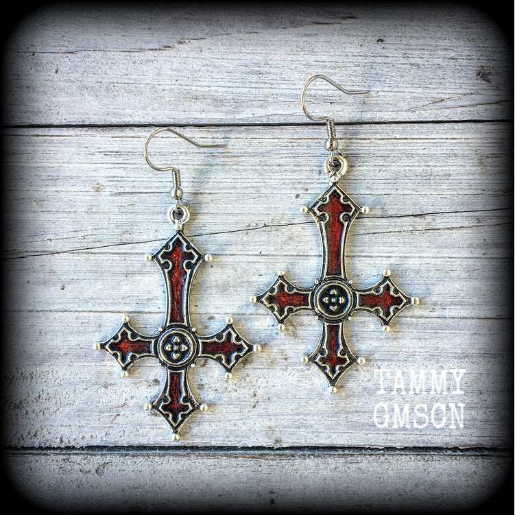 Red enamel Inverted Cross earrings