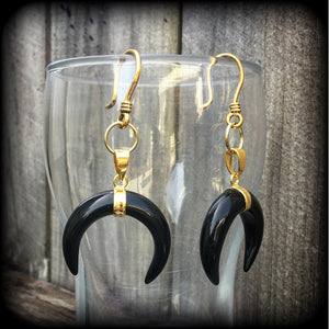 Black obsidian double horn earrings-Ear hangers