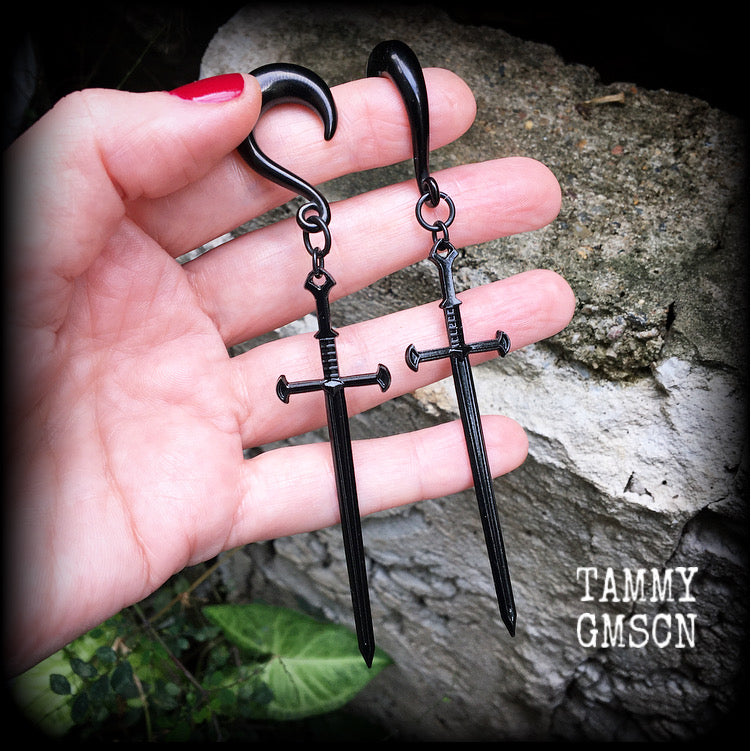 Ace of swords gauged earrings-Black sword ear hangers