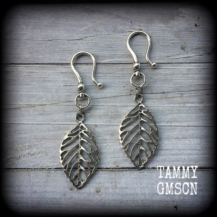 Leaf earrings Leaves earrings Skeleton leaf Tunnel dangles 2 gauge earrings 6mm ear weights Leaf ear hangers Pierced ears Stretched lobes Crazy plant people Australia CIPPA Beach wedding Boho jewelry Gypsy boho Cottagecore Forestpunk Fairycore