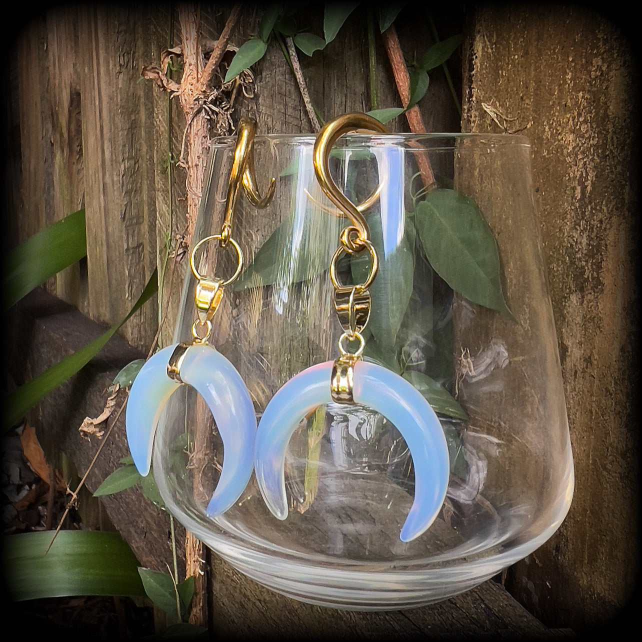 Opalite crescent moon gauged earrings