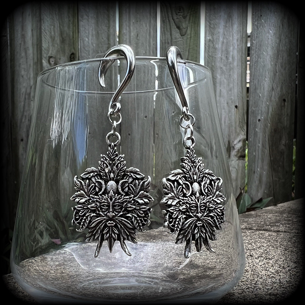 Greenman earrings Green man earrings Greenman jewelry Horned god Cernunnos jewelry Male god Stag god Folk horror Folk lore Mythology Mythological beasts Mythical Silver ear weights Ear hangers 4mm 6mm 8mm 10mm 12mm 14mm 16mm 19mm 22mm 25mm 28mm 30mm 