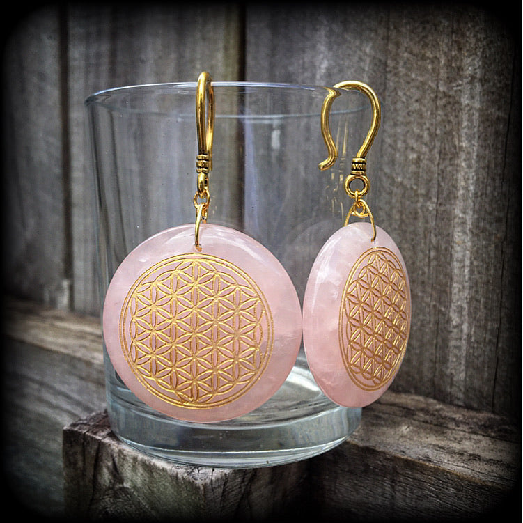 Rose Quartz ear weights-Flower of Life earrings