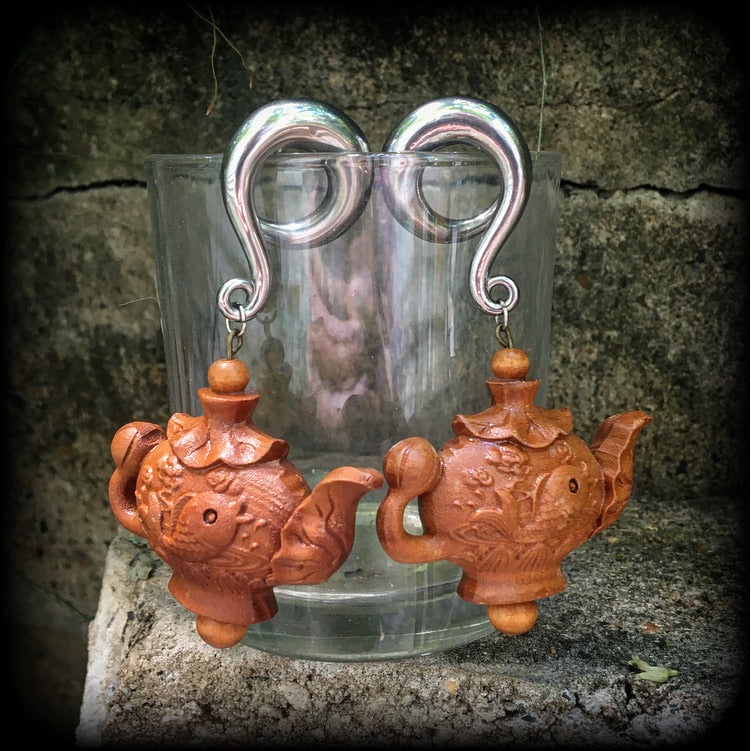 Carved wood teapot ear weights-Gauged earrings