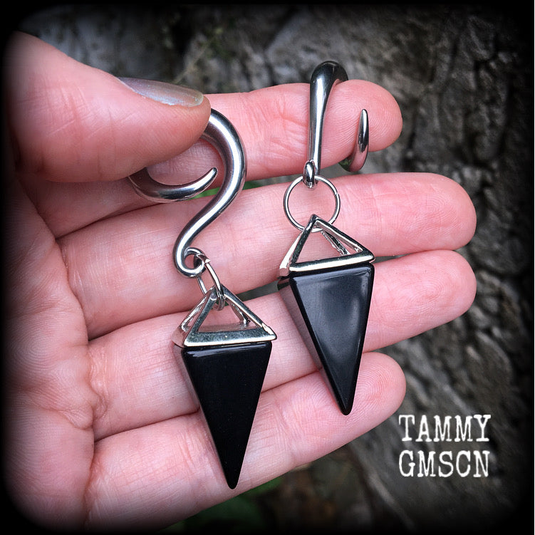 Black obsidian gauged earrings