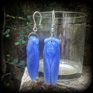 Blue jade cicada earrings-Gemstone insect ear hangers