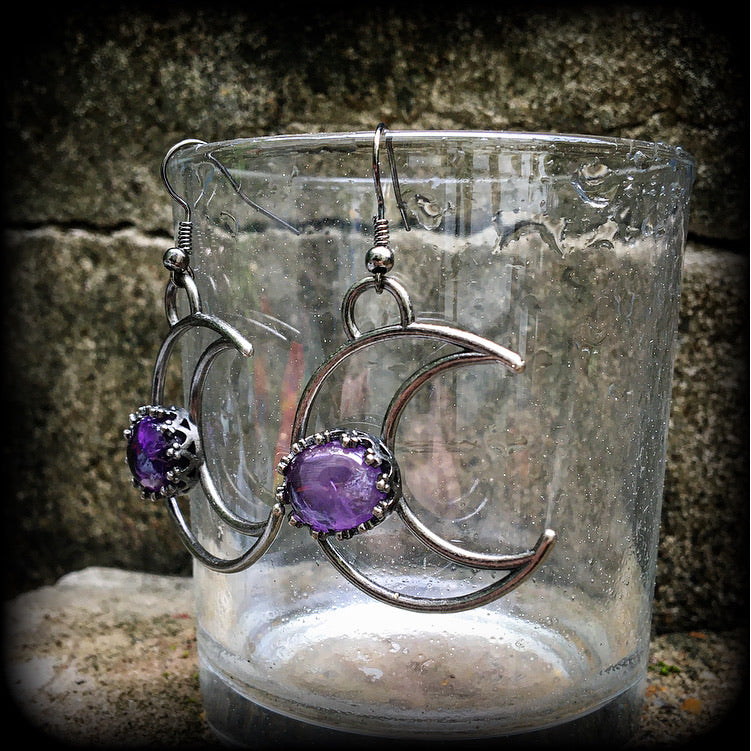 Amethyst moon earrings-Crescent moon earrings