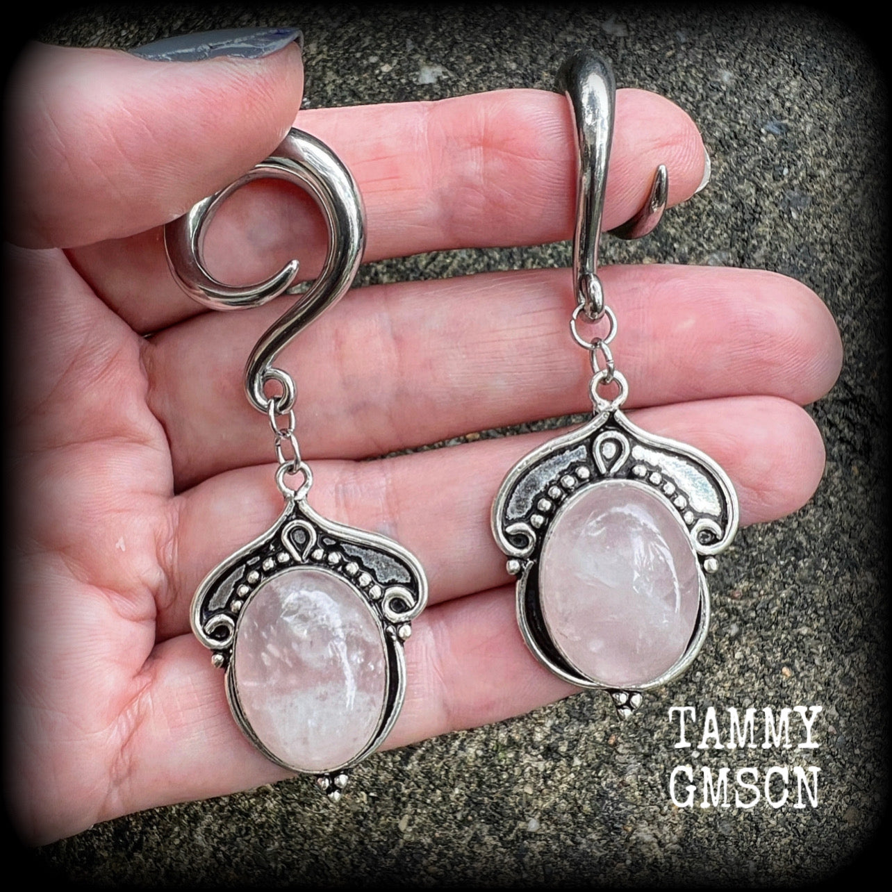 Rose quartz gauged earrings