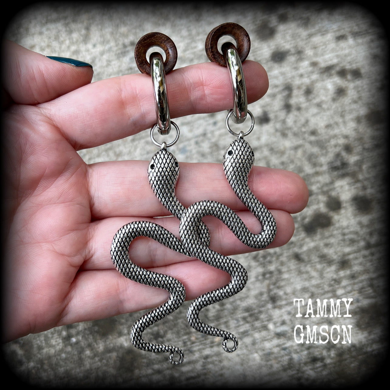 Silver snake gauged hoop earrings-Snap rings