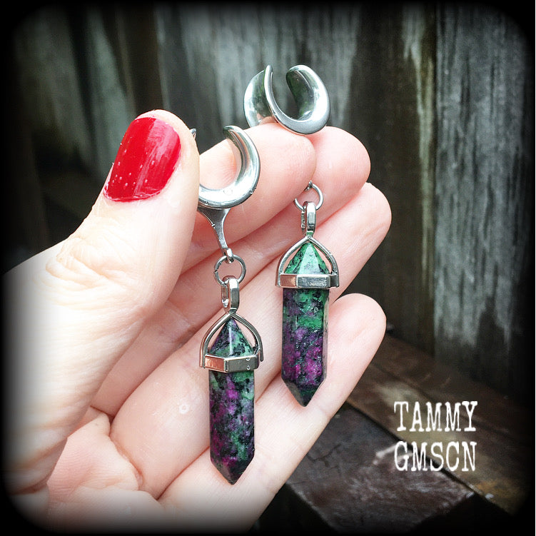 This is a pair of Ruby in fuchsite gauged earrings, made with long gemstones on cradle style hooks for stretched lobes. choose from several options of hooks and clasps for pierced ears and stretched lobes up to 30mm.