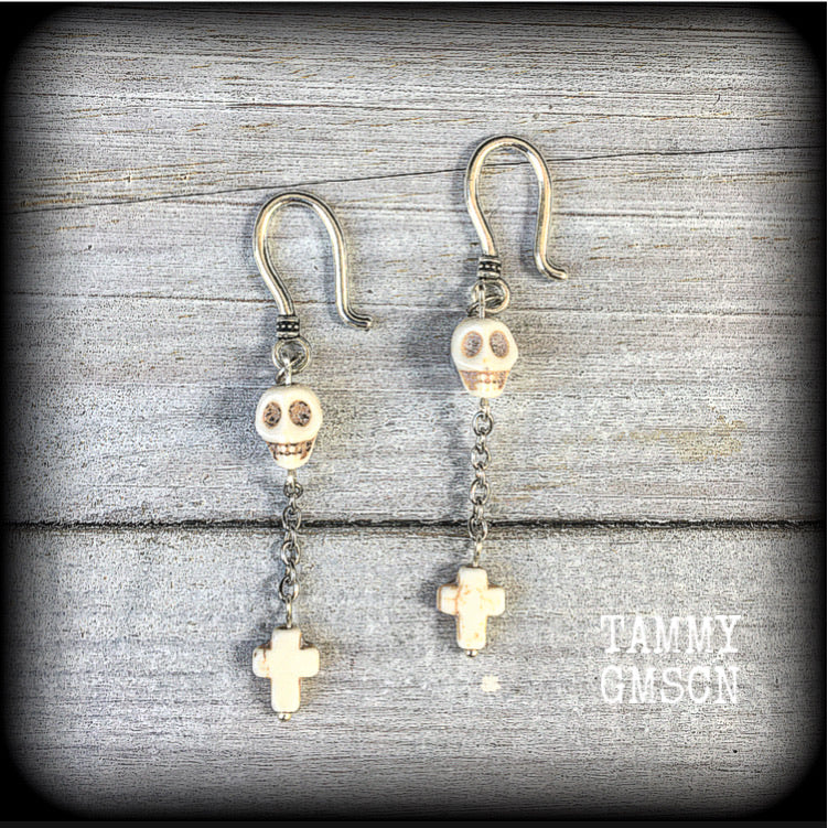 Bone white skull and cross earrings