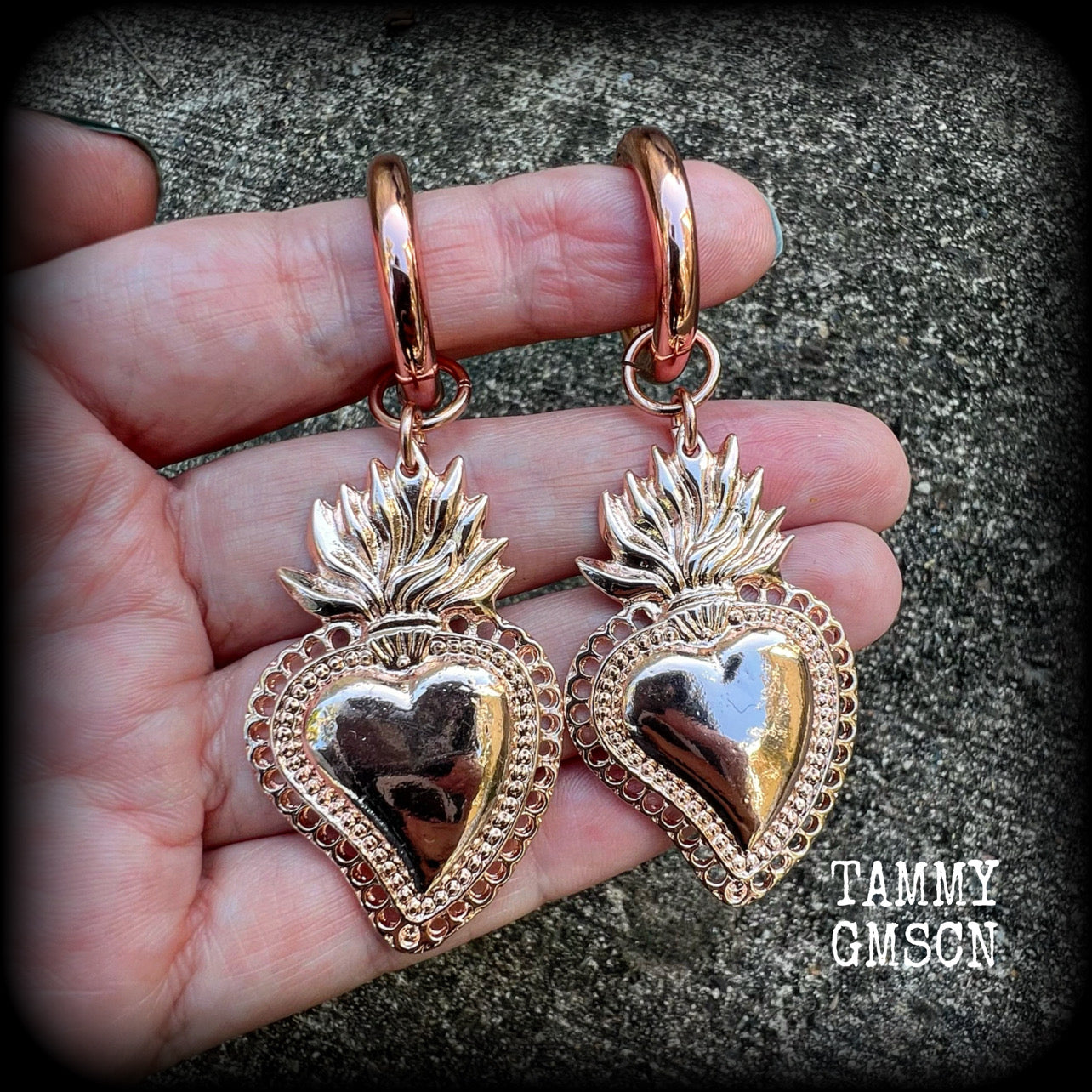 Sacred heart hoop gauged earrings